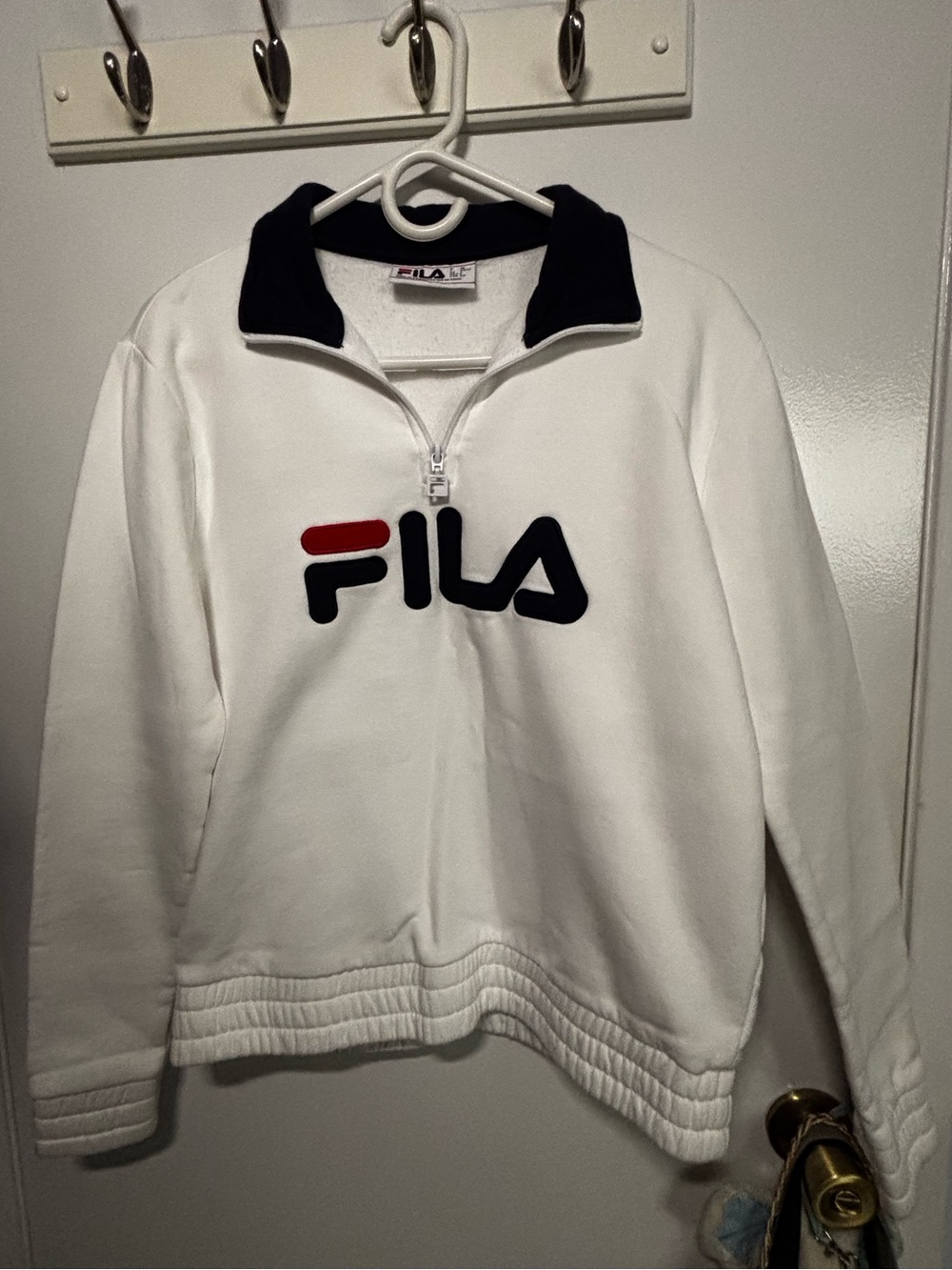 Fila White Sweatshirt with Navy Trim and Red Logo Accent